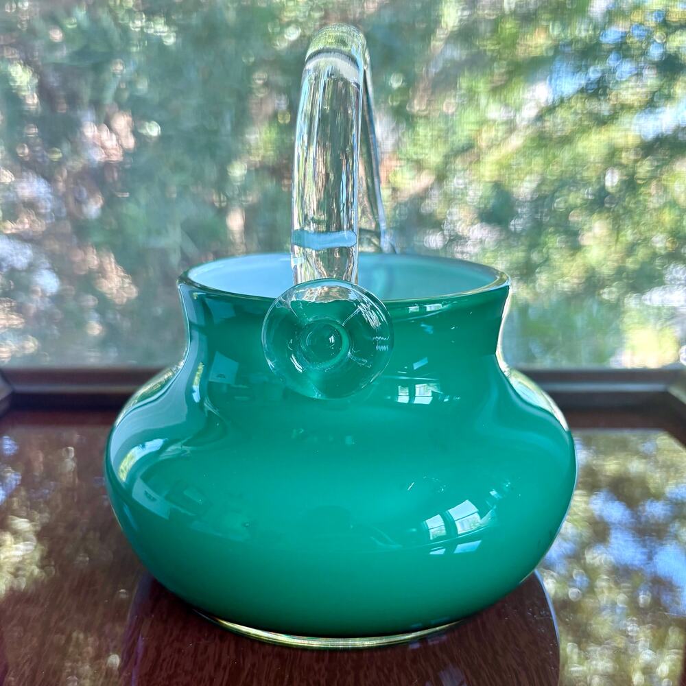 Vintage Polish Green Cased Glass Basket White Interior 7 Inch Vase
